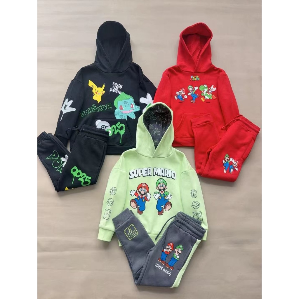 MERAH Pokemon Mario Bros เสื้อแจ็คเก็ตมีฮู้ด + กางเกง | ไซส์ 2-8y | เสื้อแจ็คเก็ตกันหนาวเด็กชายสีแดง