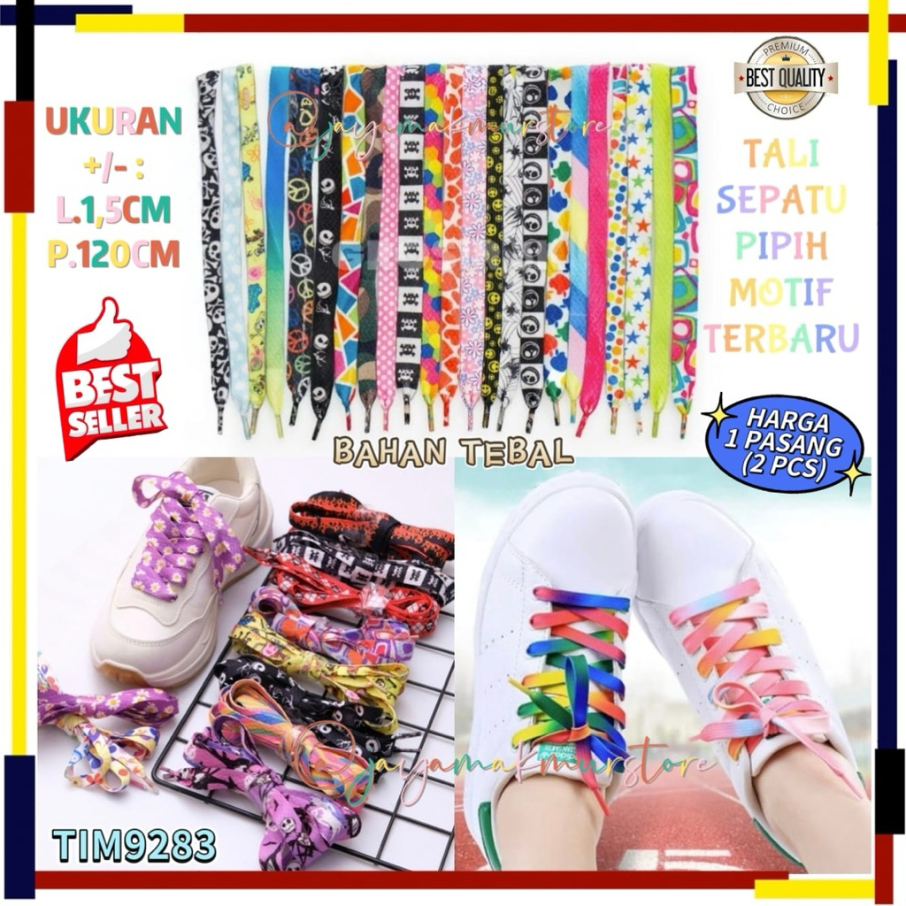 (1 PAIR) PREMIUM IMPORTED RAINBOW FLAT SHOELACES 120 CM / FLAT SHOELACES / CASUAL SKULL STAR POLKADO