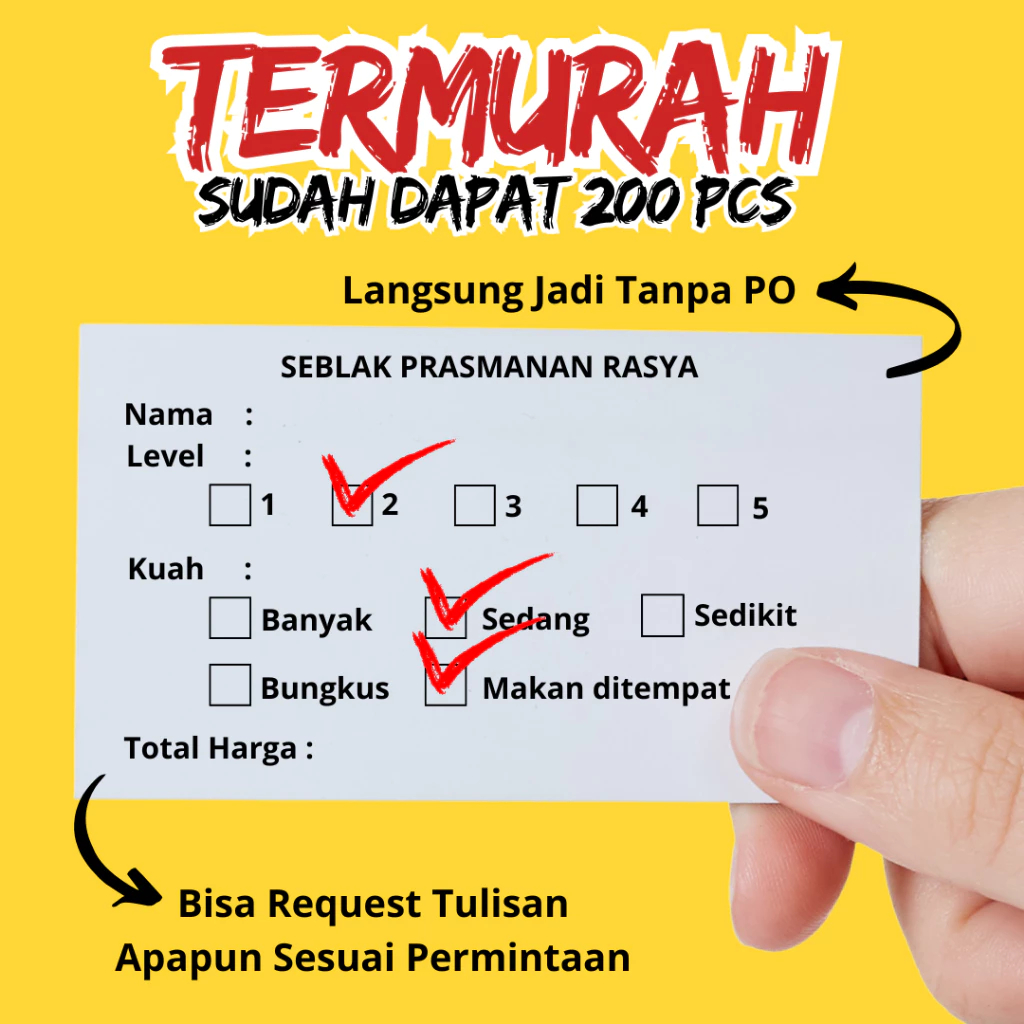 การ์ดบุฟเฟ่ต์ Seblak 200 ชิ้น กระดาษสั่งซื้อ Seblak