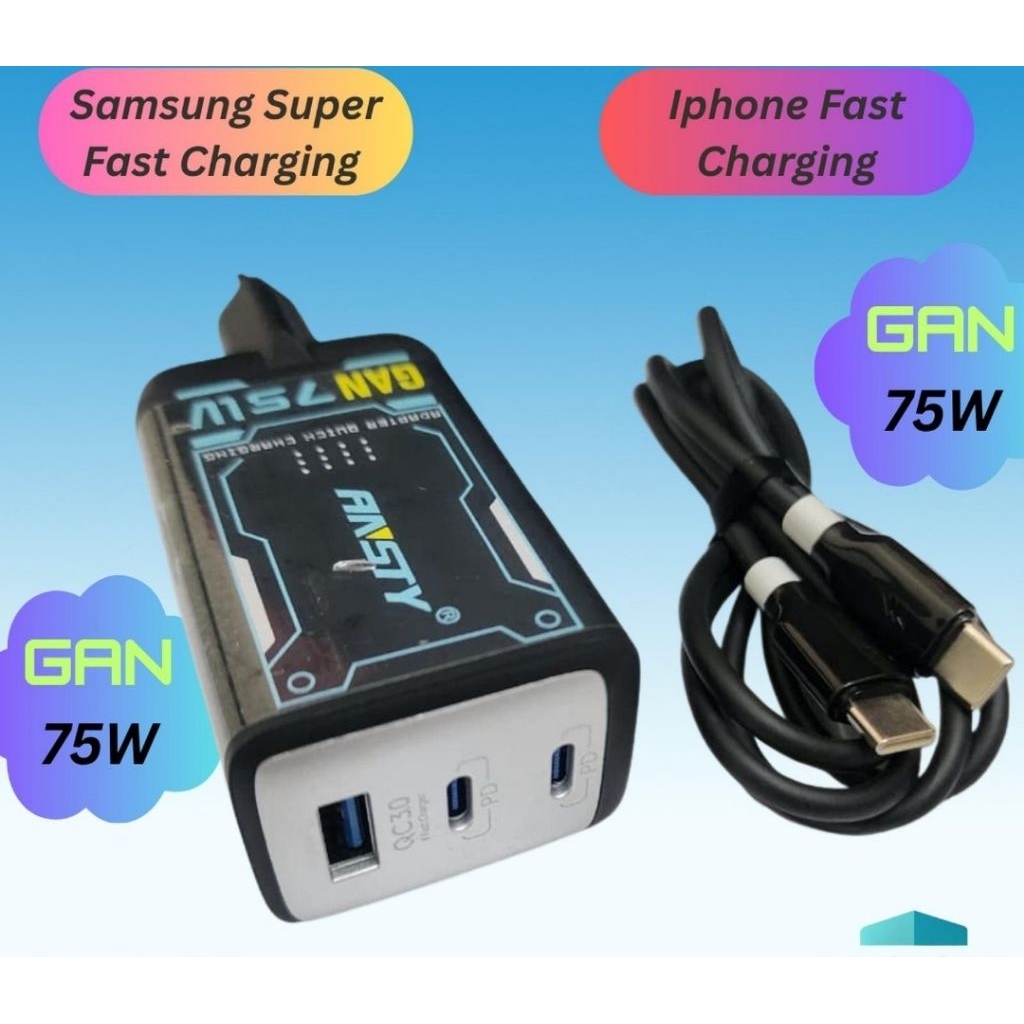 SKU-2114 ANSTY Q-093PT CHARGER HEAD GAN 75W 3 PORT USB A QC3. 0 + 2 USB TYPE C PD SUPPORT SAMSUNG IP