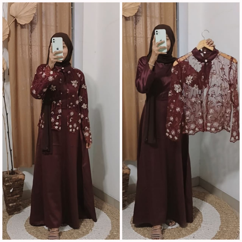 ZARA DRESS SATIN GAMIS BURGUNDY PREMIUM BRUKAT GAMIS SILK GAMIS JUMBO GAMIS MAHOGANY COLOR GAMIS NEW