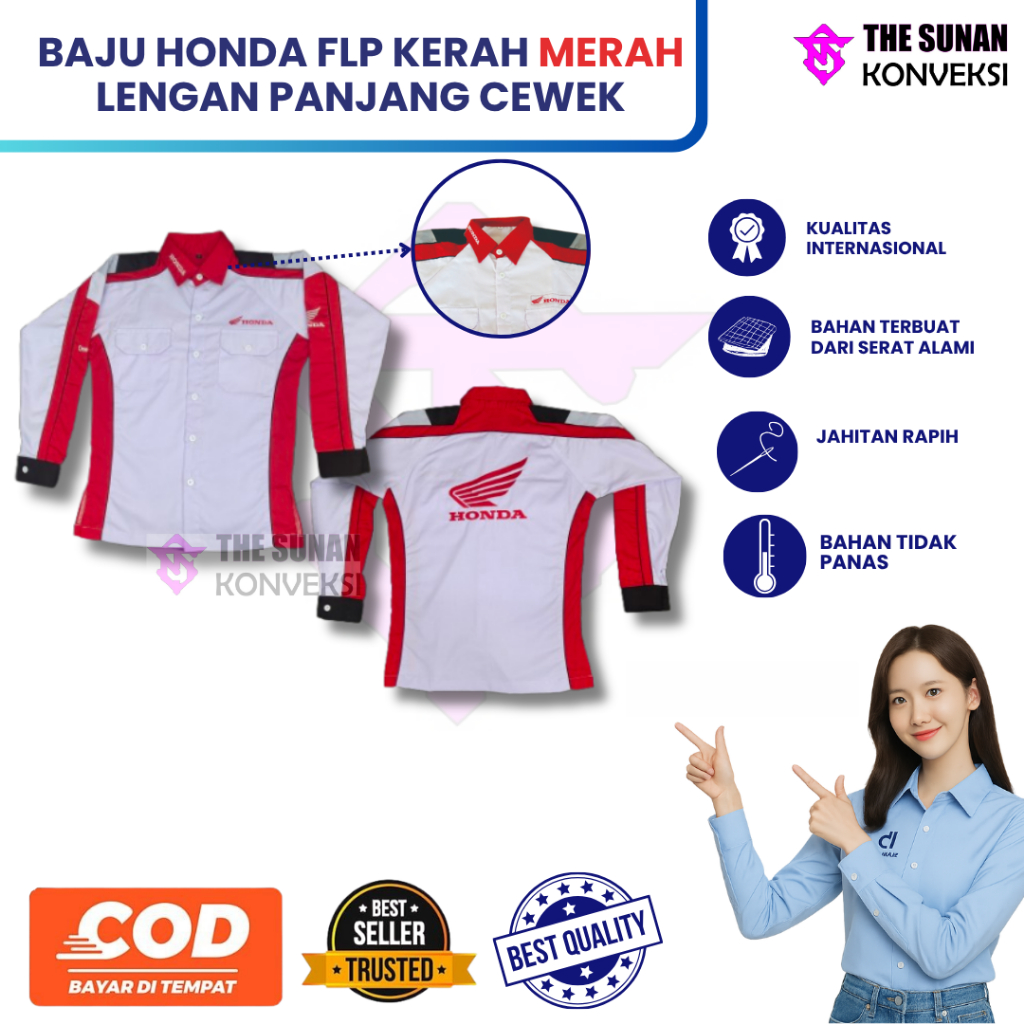 MERAH Honda Frontline People (FLP) เสื้อเชิ้ตแขนยาวคอปกสีแดงสําหรับผู้หญิง | แผนกต้อนรับส่วนหน้า | ฮ