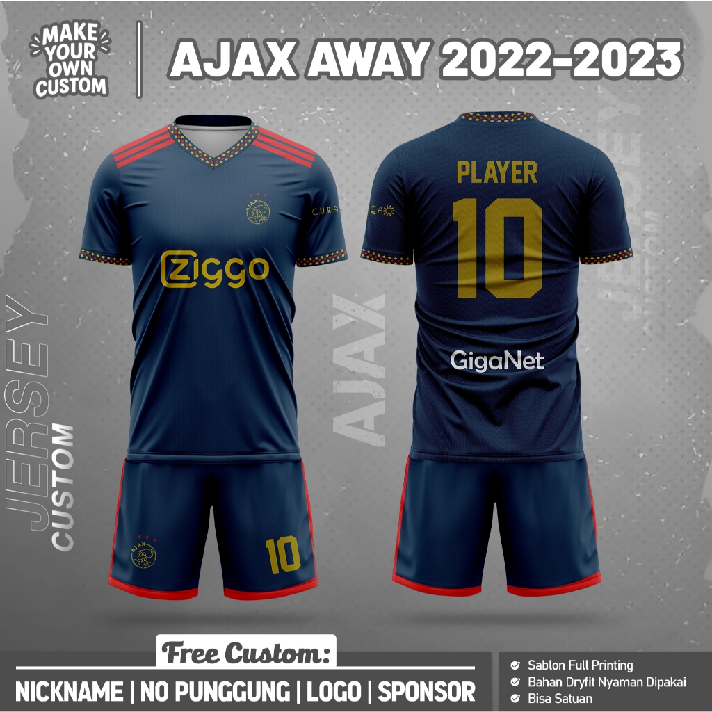 AJAX AWAY FOOTBALL JERSEY 2022-2023 สั้นฟรีที่กําหนดเองชื่อและด้านหลังหมายเลขการพิมพ์เต็มรูปแบบ