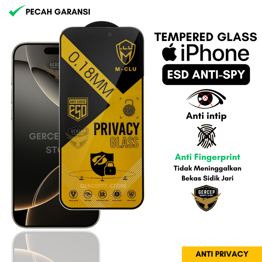 กระจกนิรภัย ESD Anti Spy 0.18 mm iPhone 17 Pro Max 17 Pro 17 16 Pro Max 16 Pro 16E 16 16 Plus 15 Pro