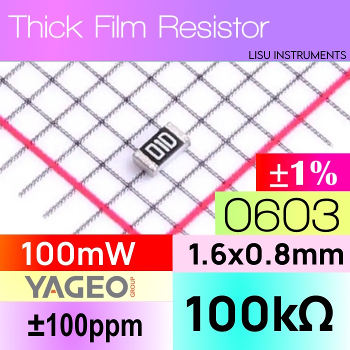 100k 0603 ±1% 100mW ตัวต้านทานฟิล์มหนา SMD 75V ±100ppm/°C 100kΩ 01D RC0603FR-07100KL YAGEO