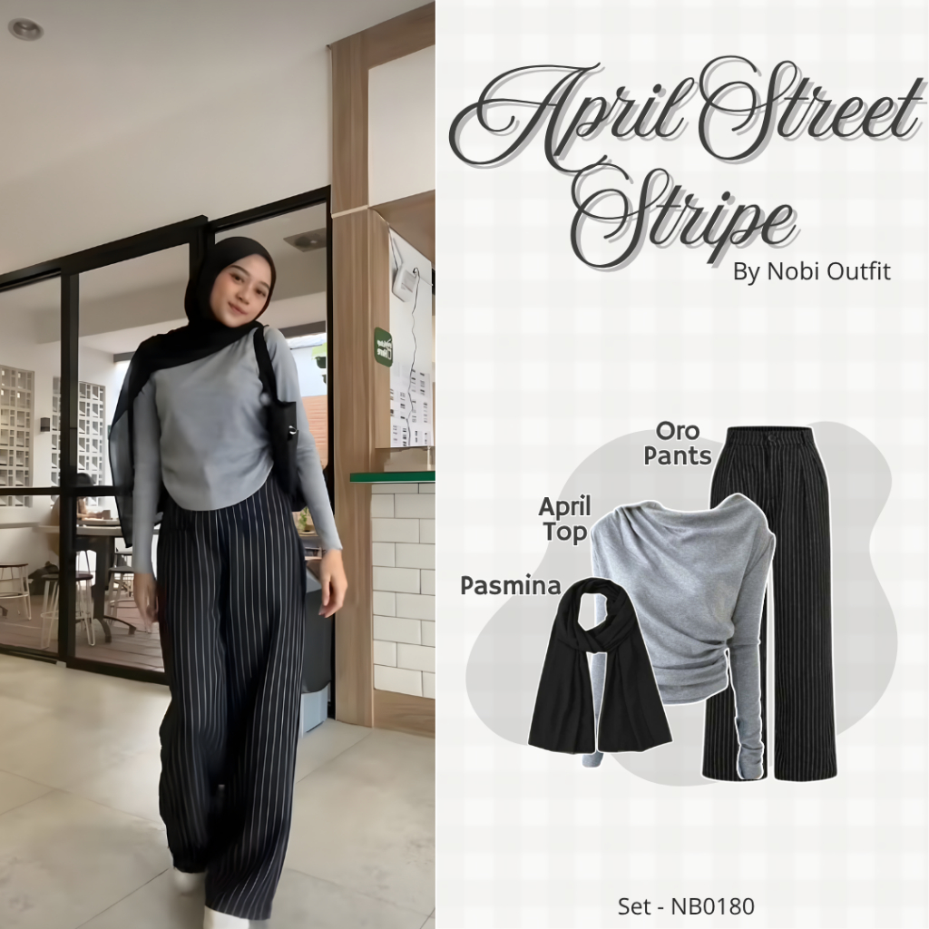 3 In 1 One Set Korean Style Top Nobi Outfit Set April Top Striped Pants Trend (Hijab + April Top + S