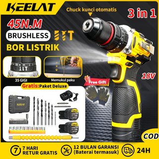 KEELAT KCD013 45nm Bor Listrik 3 in 1 Bor Baterai Cordless Drill Bor Tangan Multifunction Bor Listrik Set for beton Tembok Besi Kayu Brushless Bor Tanpa Kabel Terjangkau Tahan Lama