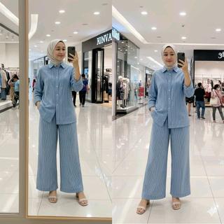 Malika One Set Stripe | Setelan Atasan Baju Tunik Wanita Muslim Remaja Dewasa Celana Kulot Motif Salur Bahan Katun