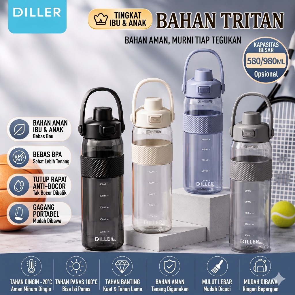 DILLER Tritan BPA Free 580ml 980ml แก้วน้ํายิมกันรั่ว