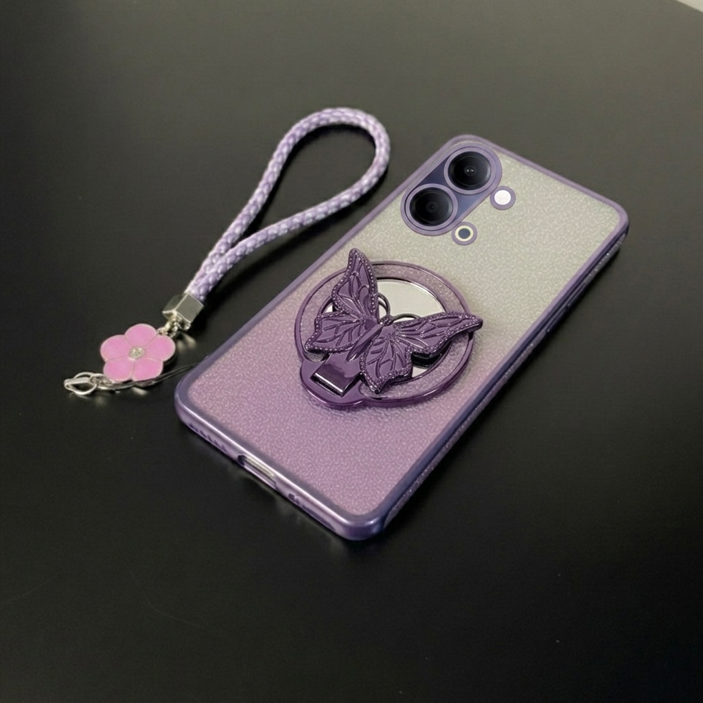 Vivo Y05 / Y11D กระจกแหวนแวววาวหรูหราผีเสื้อฟรีเชือกเส้นเล็กดอกไม้