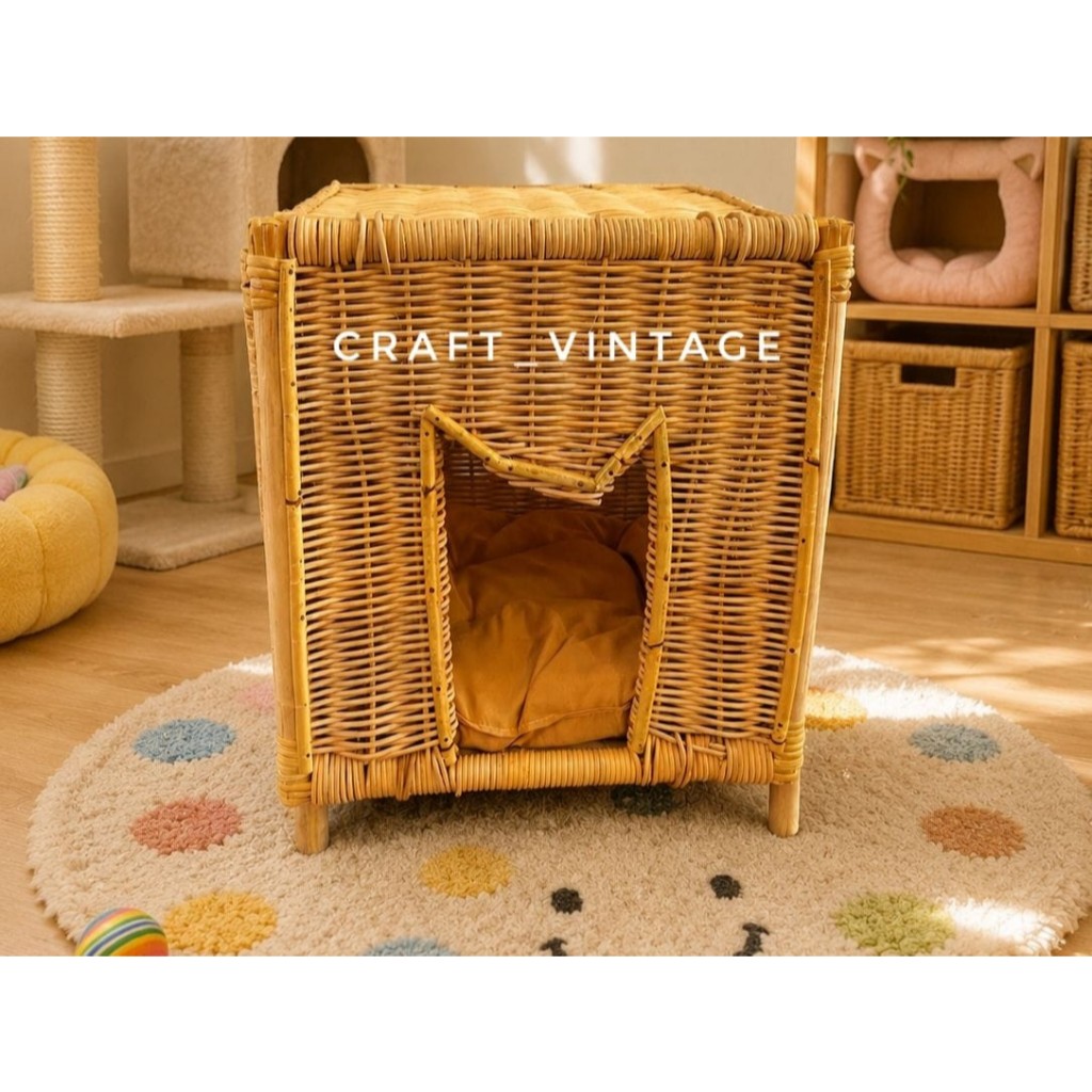 ฟรีแพ็ค BUBBLEWRAP RATTAN CAT HOUSE / RATTAN WOVEN CAT BED CAGE / NATURAL RATTAN DOG HOUSE