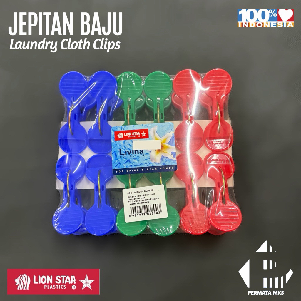 Lion Star ที่หนีบผ้าพลาสติกสี 12 ชิ้น / คลิปหนีบผ้าซักผ้า O3 JB-6 Lion Star