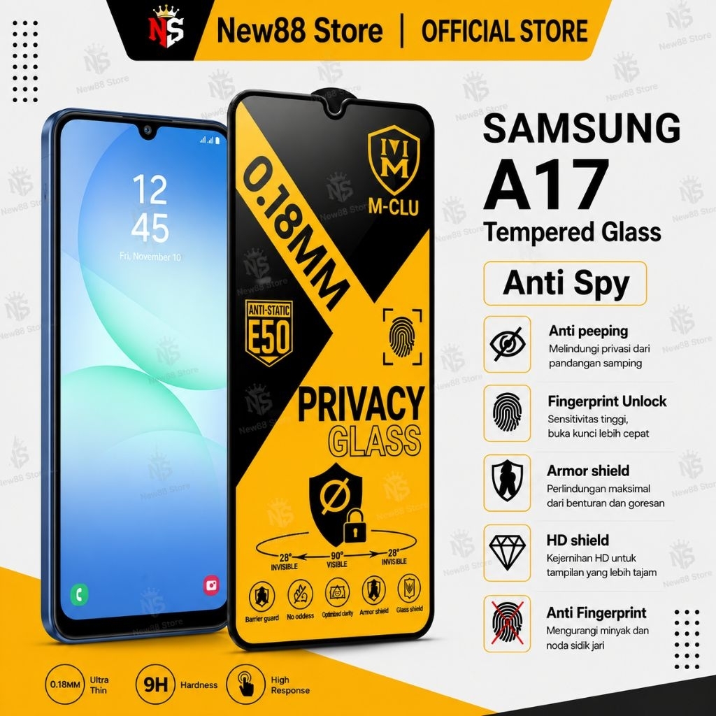 NEW88 – กระจกนิรภัย ESD Anti Spy 0.18 Ultra Thin Samsung A17 5G A16 4G A16 5G A07 5G A06 A06 A06 5G 