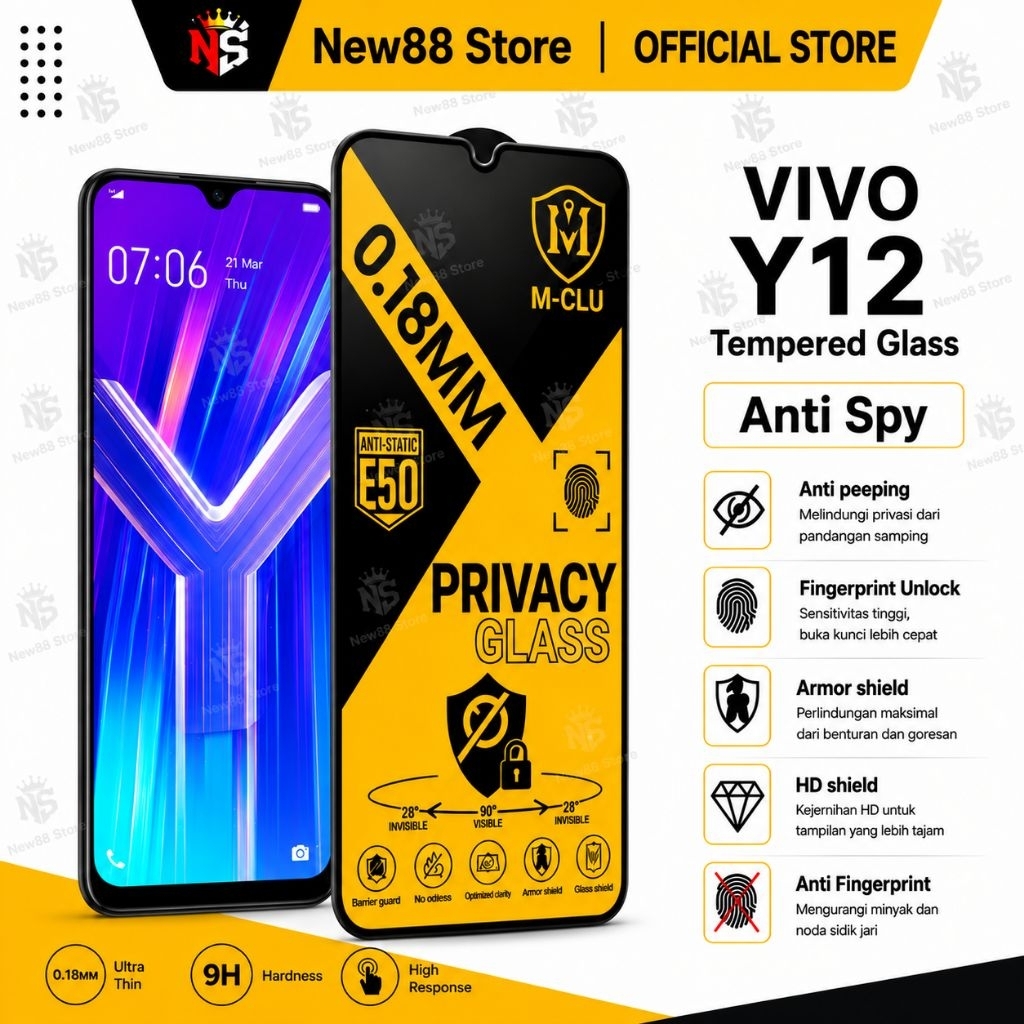 NEW88 - กระจกนิรภัย ESD Anti Spy 0.18mm Vivo Y19s GT 5G Y27s Y27 4G 5G Y22s Y22 Y21t Y21s Y21E Y21A 