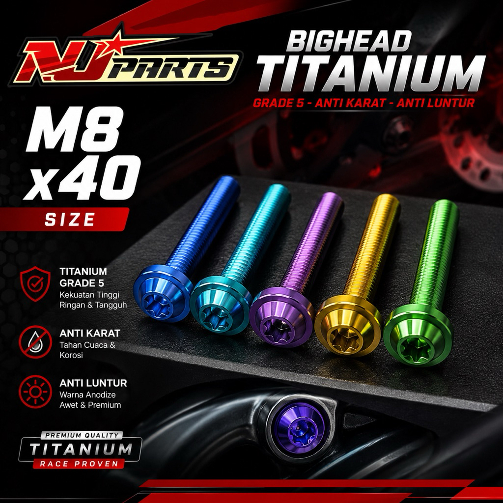 ราคาหน่วยของสลักเกลียวไทเทเนียม M8 x 40 เกลียว 12 ยาว 4 ซม. เกรด 5 njparts รุ่นหัวใหญ่ป้องกันสนิมดั้