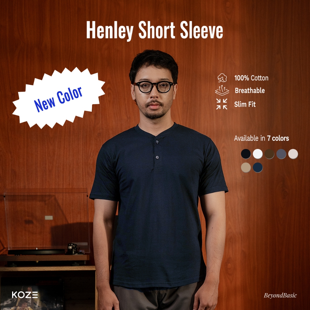 KOZE - Navy Short Sleeve Henley - Henley แขนสั้นสีน้ําเงินเข้ม