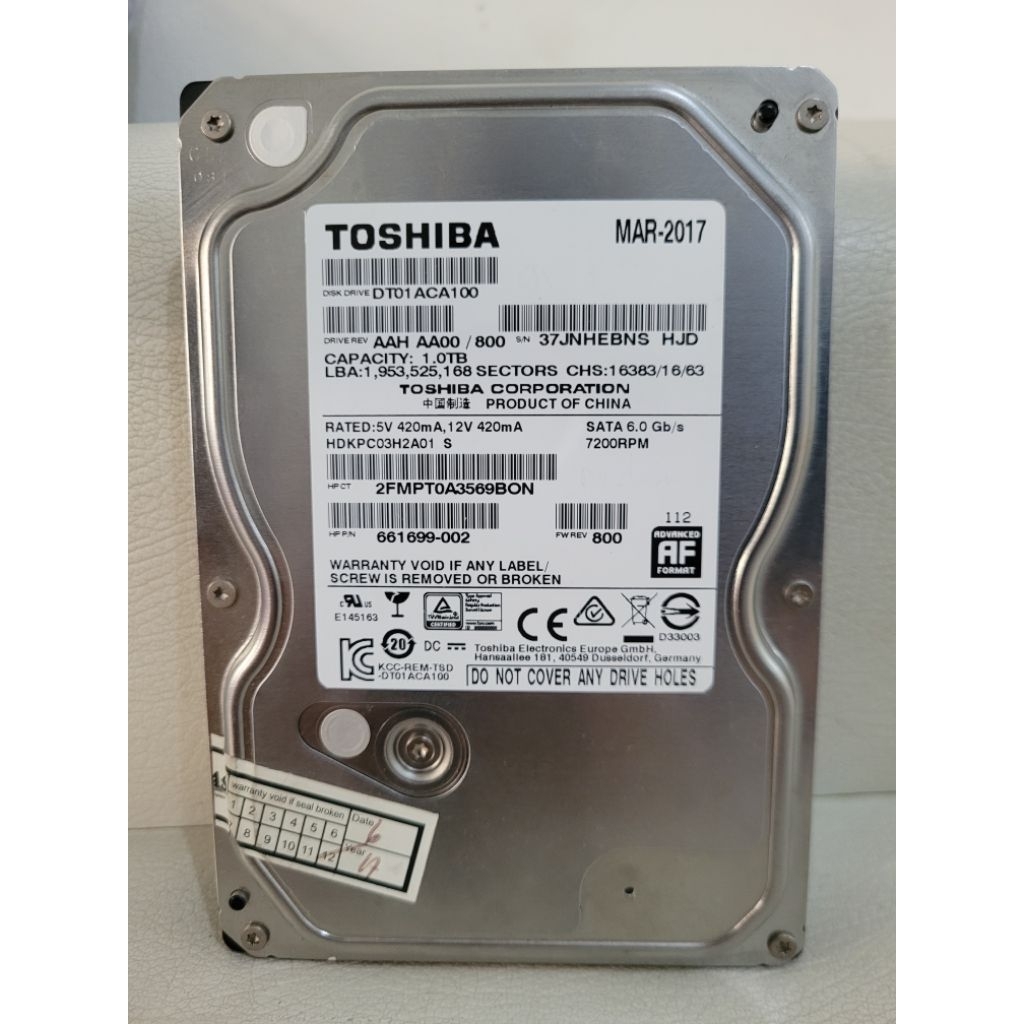 ฮาร์ดดิสก์ Toshiba 1TB SATA 3.5" 7200RPM – DT01ACA100 - Sentinel 95%