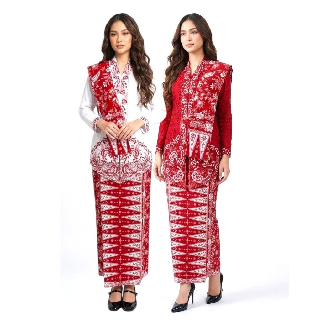 MERAH ENCIM KEBAYA AND SHAWL SET // เอกสารสีแดงและขาว // วันอิสระ KEBAYA // MODERN ENCIM KEBAYA // F