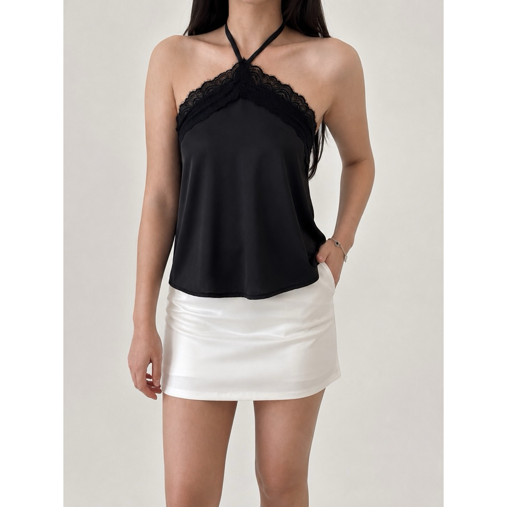[oddsthelabel] Scarlett Halter Top | เสื้อคล้องคอลูกไม้ผ้าซาตินเสื้อสตรีเสื้อคล้องคอผ้าซาติน