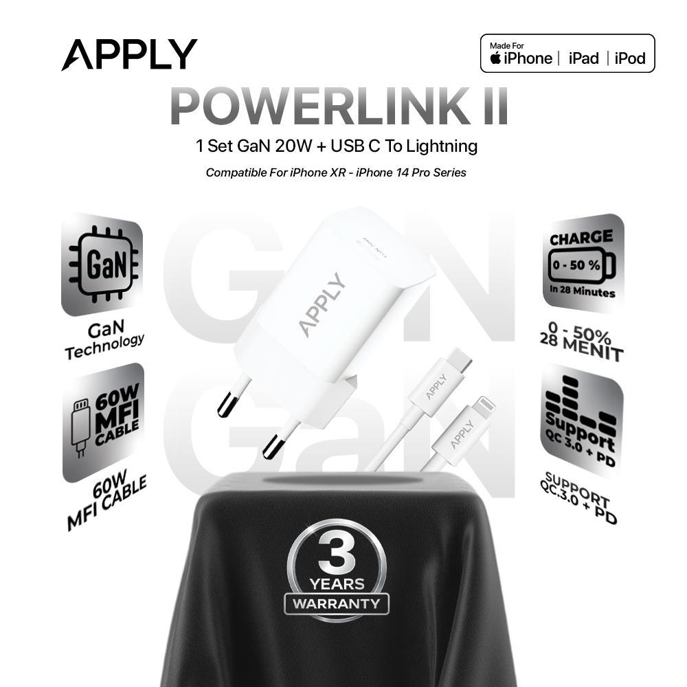 สมัคร - MFI POWERLINK II - เครื่องชาร์จ IPHONE PD20W 1 ชุด + สาย MFI Lightning 60W รับประกัน 3 ปี