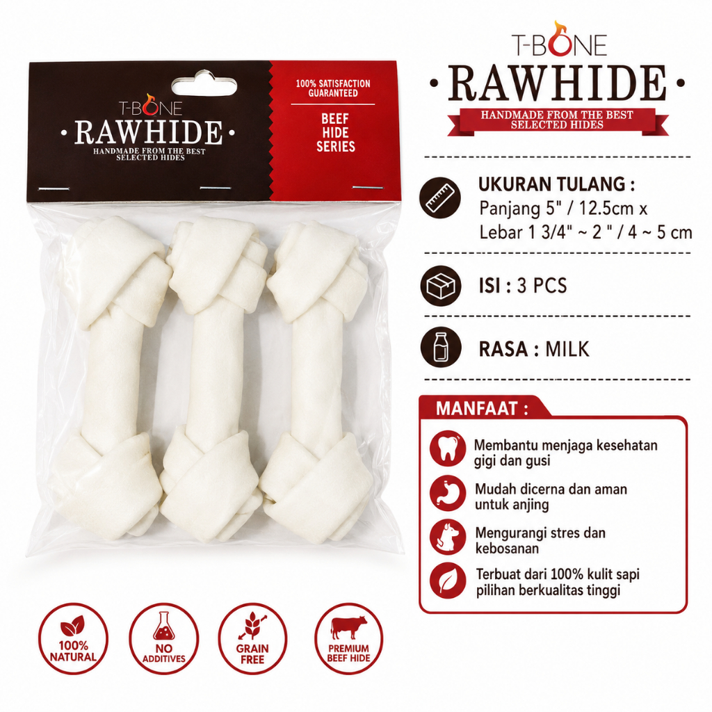 T-Bone Rawhide Dog Bite Bone Milk Flavour 3pcs ขนาด 5" x 1 3/4" - ขนมสุนัขธรรมชาติกระดูกผูกปมเนื้อซ่