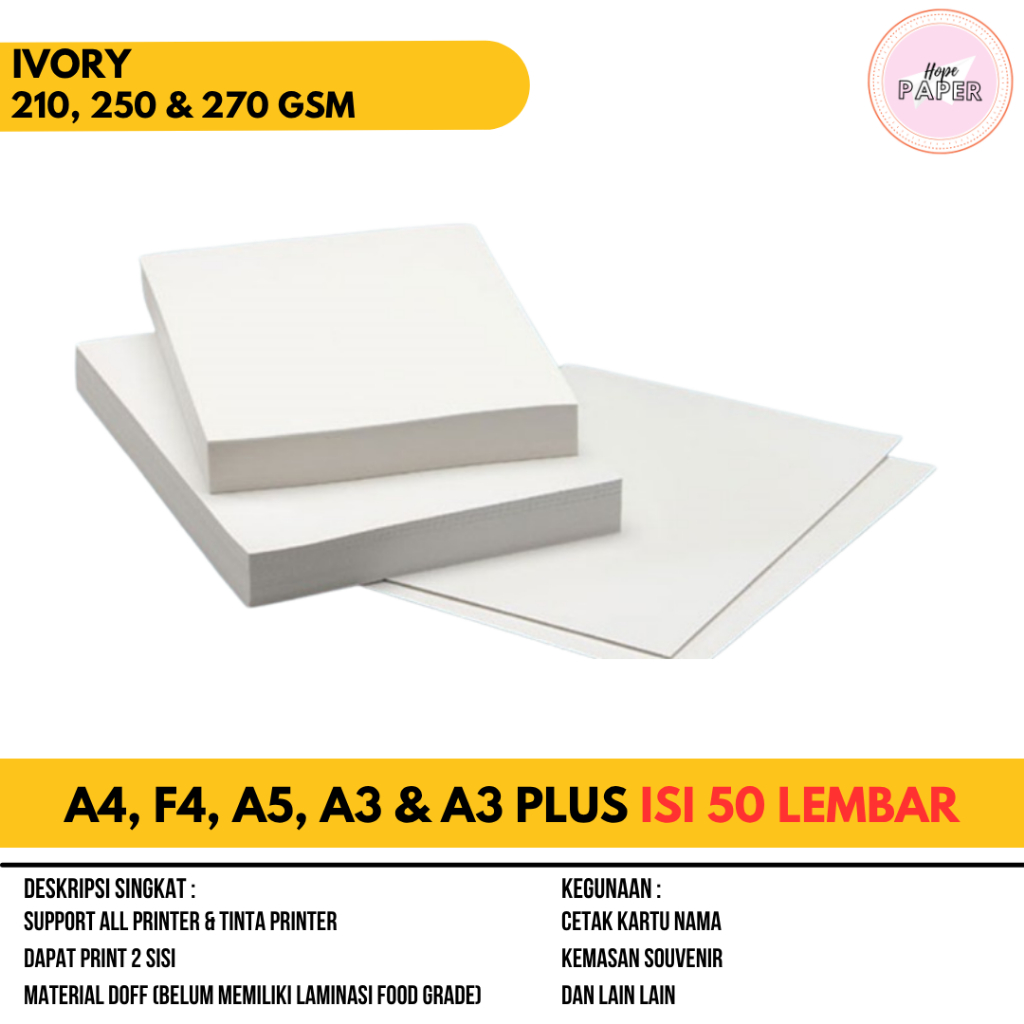 [50 LBR] กระดาษงาช้าง 210, 250 & 270 แกรม A4, F4, A3, A5 & A3PLUS กระดาษงาช้าง กระดาษของที่ระลึก