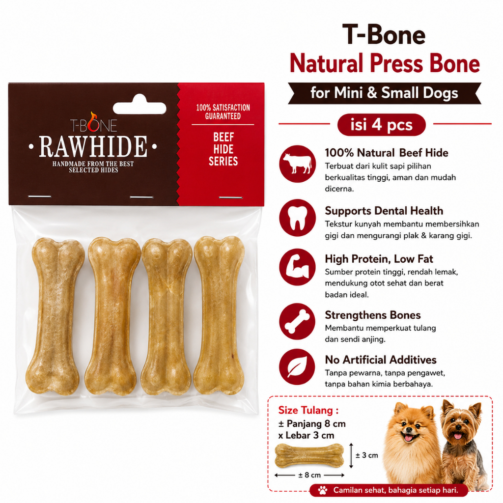T-Bone Natural Press 3" 4 ชิ้นสําหรับ Mini & Small Dogs ขนาด 8X3 ซม. - ขนมสุนัขธรรมชาติ Pressed Bone