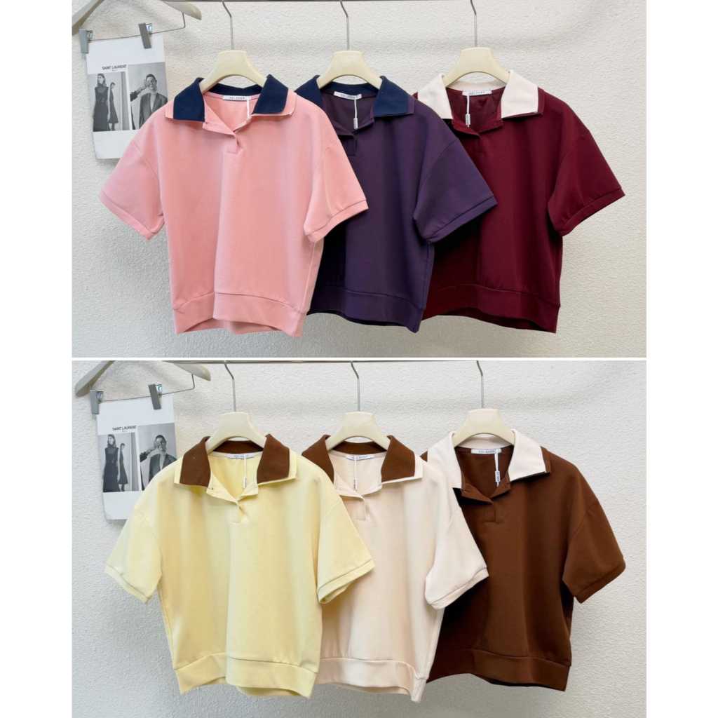 A21 SHOP A21SHOP CHOM - เสื้อเชิ้ตผู้หญิง PLAIN BASIC WITH DOUBLE LAYER KNIT COLLAR VARIATIONS