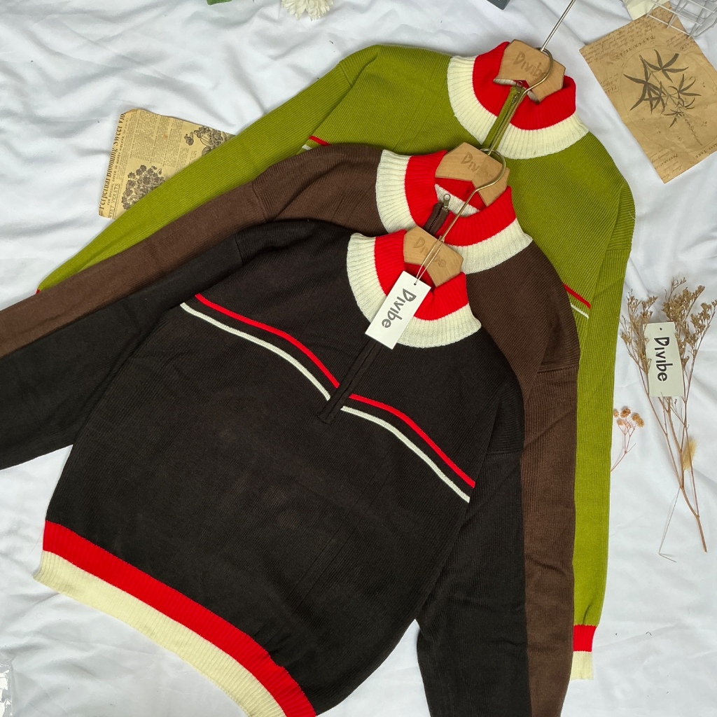 MERAH Zihan Sweater Knit - เสื้อถักผู้หญิง - ปกสีแดงและสีขาว Motif