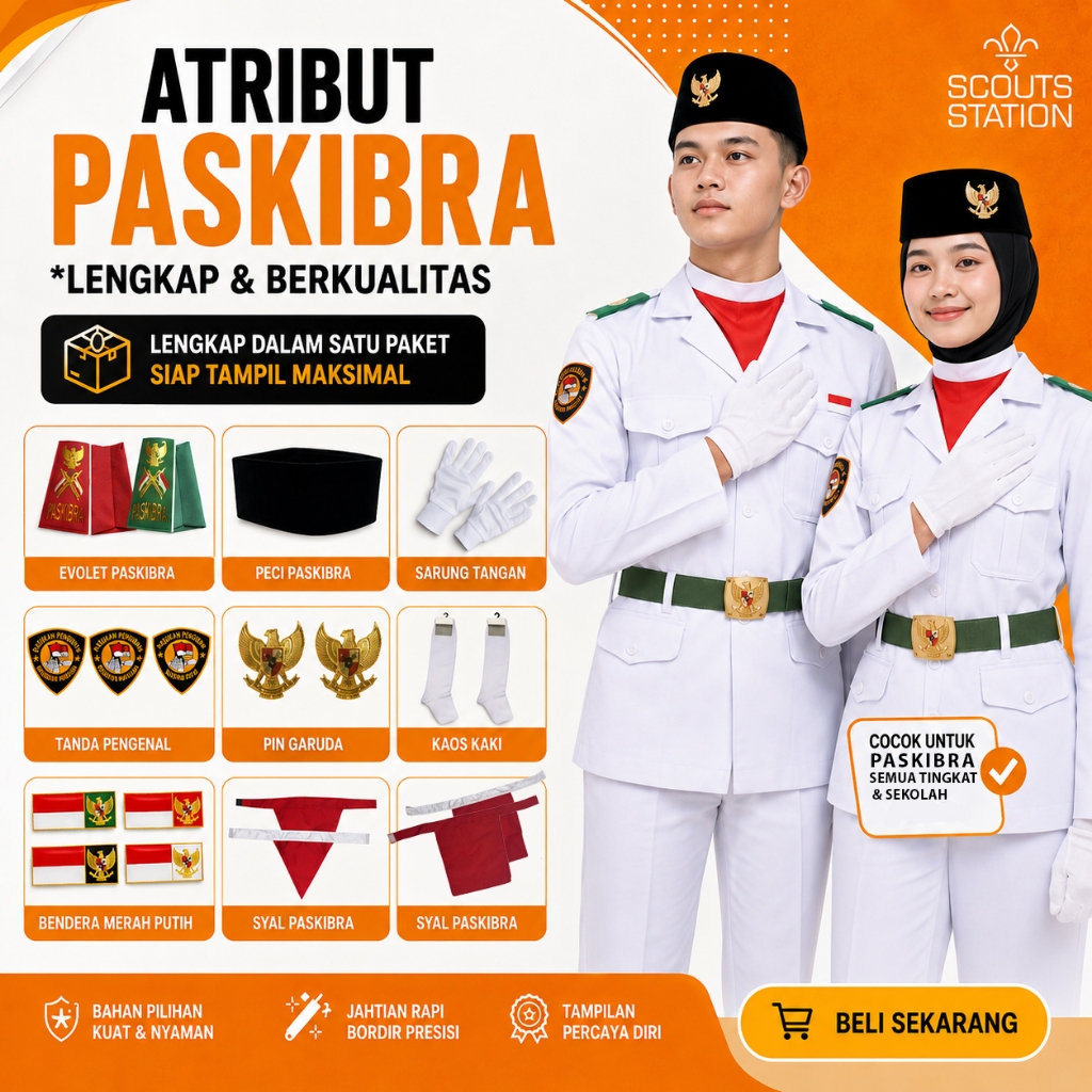 แอตทริบิวต์ Paskibra ครบชุด / Evlet / หมวกปาเล่นสกี / เข็มกลัดครุฑ / ผ้าพันคอคอ Paskibra / พิน LK MP