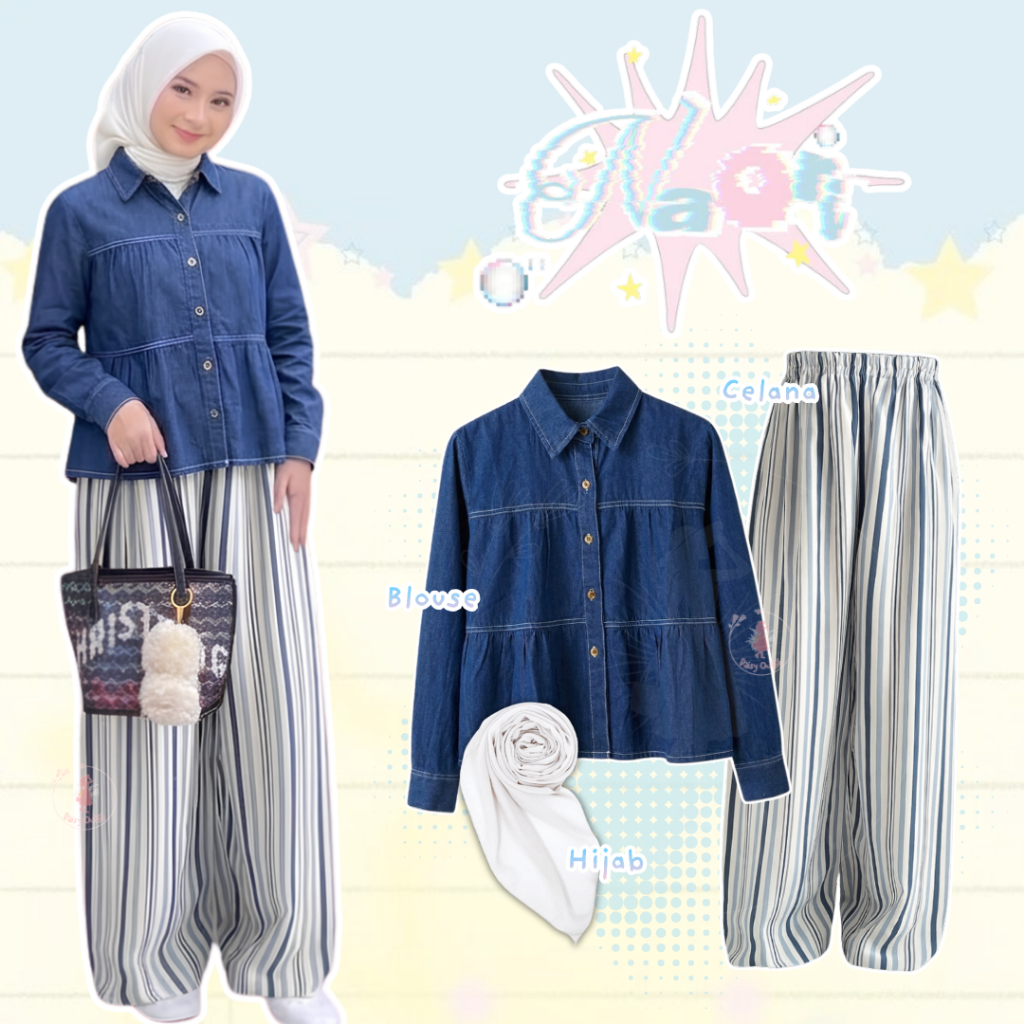 เสื้อฝรั่งเศส สไตล์เกาหลี 3in1 Denara Denim Crop + Culottes Hommy Stripe Navy Mix ผ้าเรยอน + Bella S