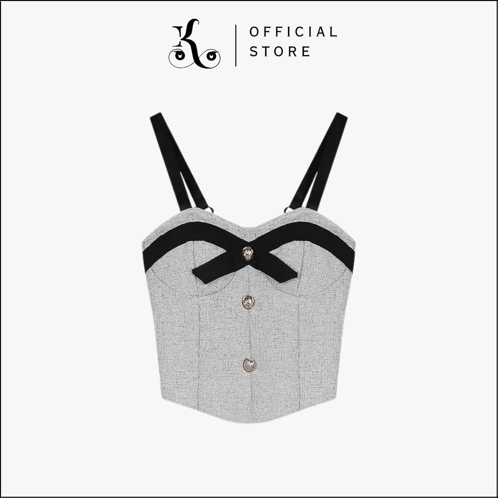 KHAEFASHION - BR206 เสื้อกล้ามผู้หญิงพร้อมปุ่มริบบิ้น Crop Top Bustier Slim Fit สไตล์เกาหลีลําลอง