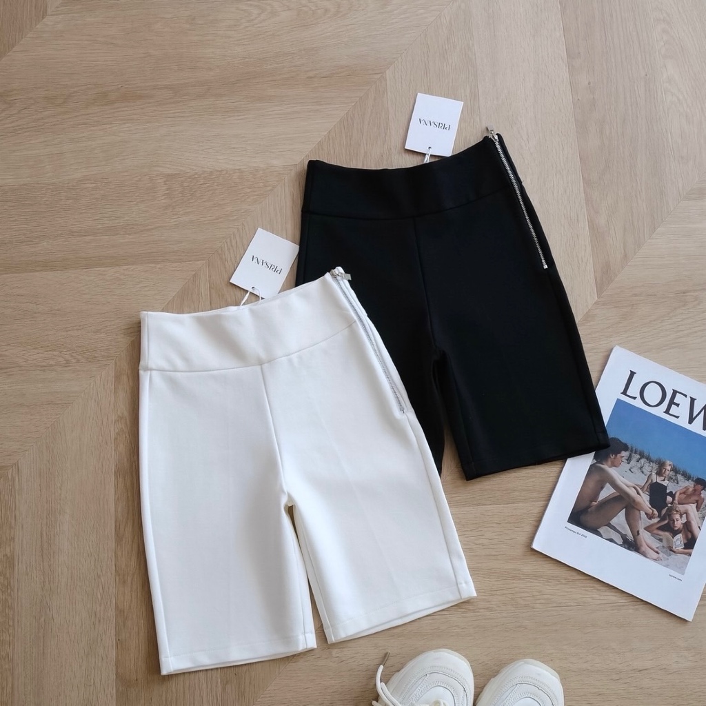 [ READY ] PRISANA ทรงเอวสูง Biker Short 002 | กลางความยาวซิปด้านข้างหนาสูงขอบบล็อกกางเกงคุณภาพพรีเมี