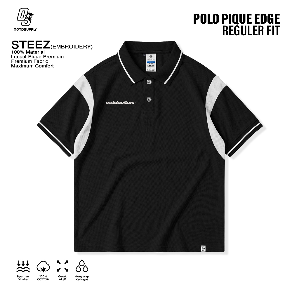 KEMEJA OOTDSUPPLY เสื้อโปโล Pique Edge Steez เย็บปักถักร้อยสีดํา l Polo Pique | เสื้อเชิ้ตคอปกโปโล L
