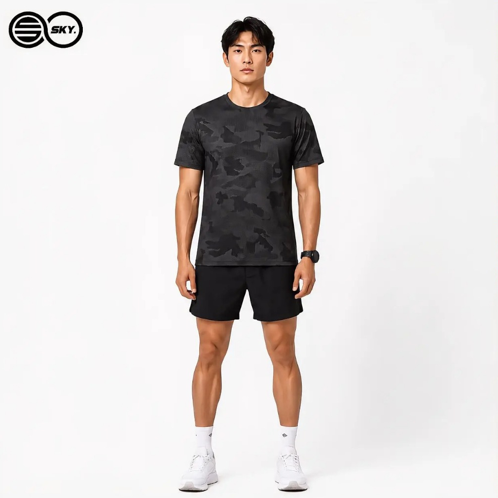 SKY Python Camo Performance เสื้อยืดกีฬาการฝึกอบรมยิมวิ่งเสื้อ