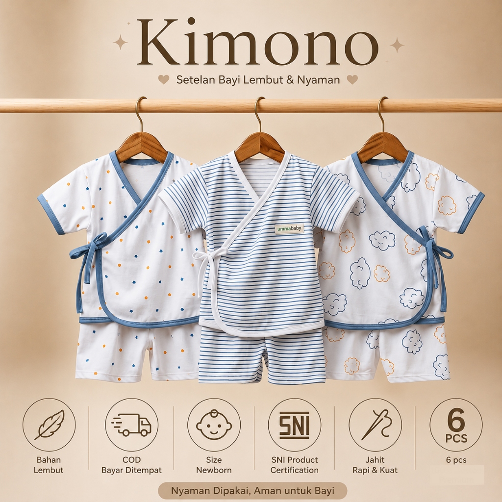 Ummababyshop 6 ชิ้น (3 ชุด) ทารกแรกเกิดสั้นเด็กชุดกิโมโน SNI เสื้อผ้าเด็กกางเกงกิโมโนชุดของขวัญ 0-3 เดือนชายหญิงของขวัญสีเทา Cloud Denim