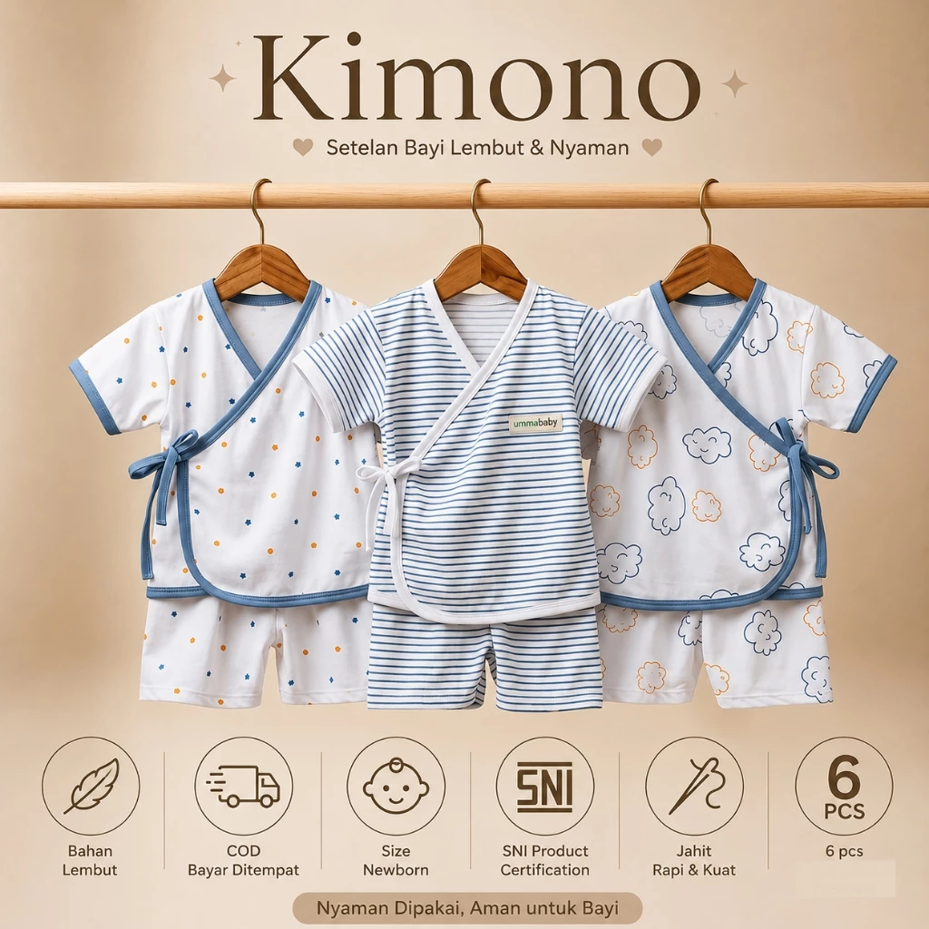 Ummababyshop 6 ชิ้น (3 ชุด) ทารกแรกเกิดสั้นเด็กชุดกิโมโน SNI เสื้อผ้าเด็กกางเกงกิโมโนชุดของขวัญ 0-3 เดือนชายหญิงของขวัญสีเทา Cloud Denim