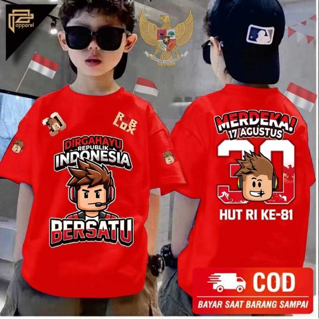 ROBLOX X DIRGAHAYU REPUBLIC OF INDONESIA MOTIF CHILDRENS T-SHIRT TOP / เสื้อยืด ROBLOX TOP WITH INDO