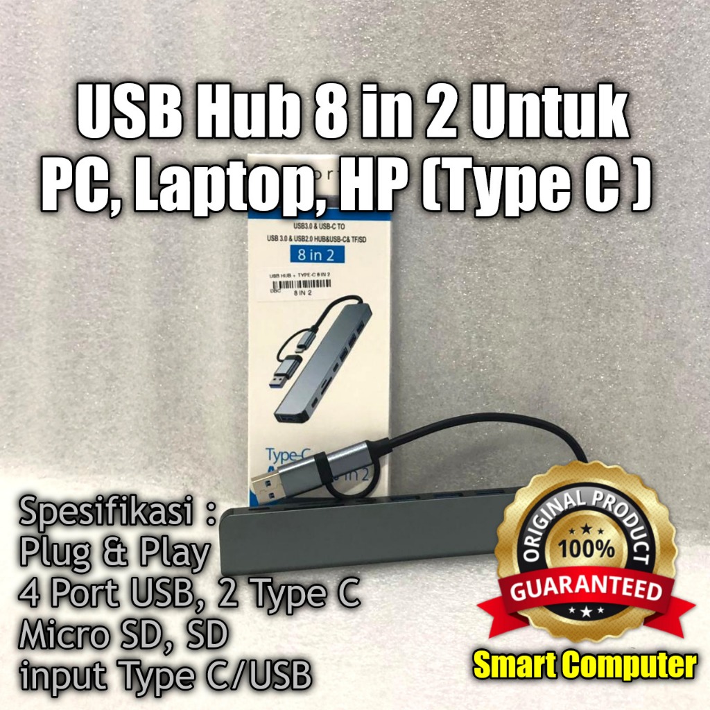 USB Hub 8 in 2 Plugs & Play – 4 พอร์ต USB + พอร์ต Type-C 2 พอร์ต + SD + Micro SD, อินพุต USB/Type-C,