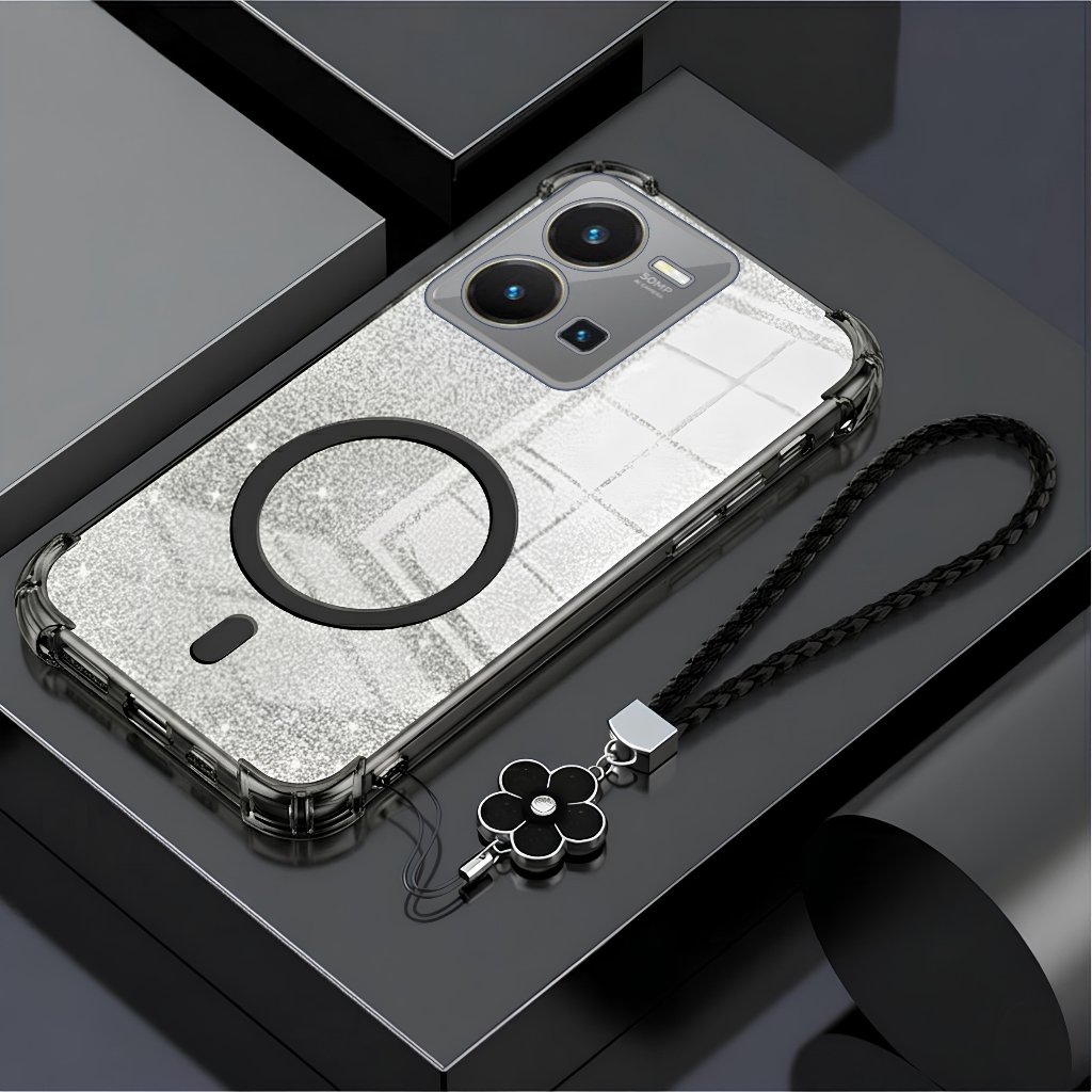 เคส Vivo Y35 / Y22 / Y22s ฟรีสายคล้องแหวนกลิตเตอร์ไร้สายดอกไม้ป้องกันการแตก