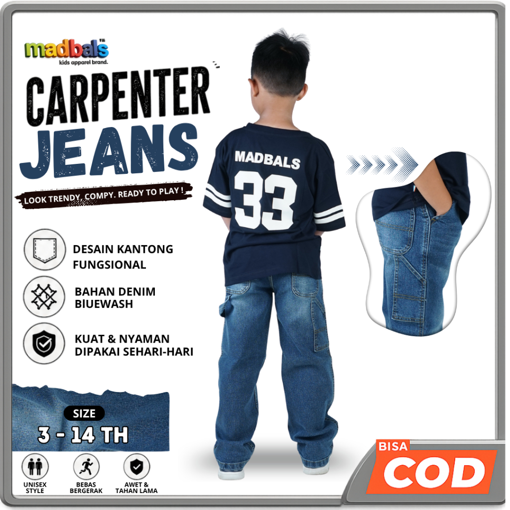 MADBALS Carpenter Baggy Pants Jeans Denim Bluewash Stretch Boys | หญิง หญิง | Unisex 3-14 Years BB 1