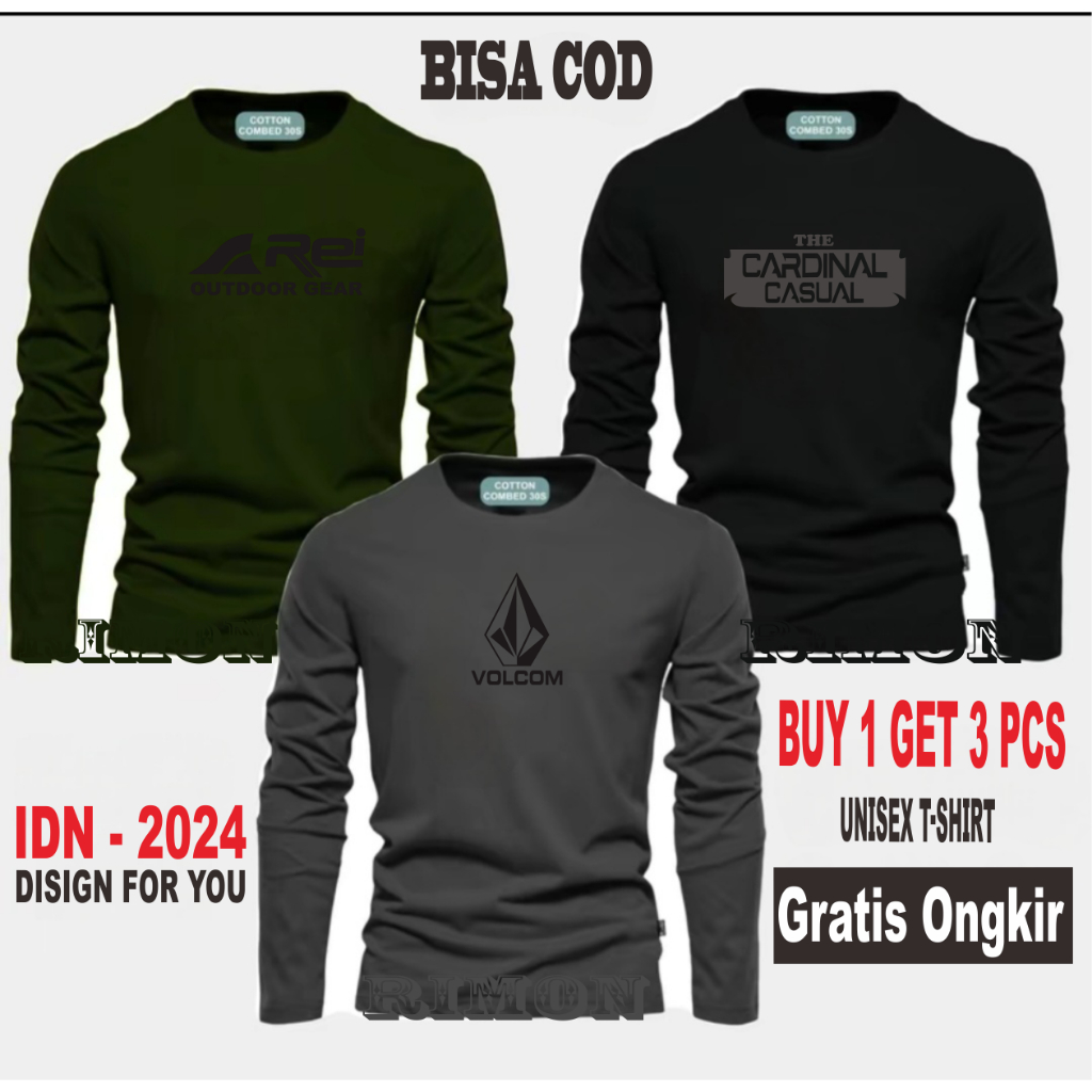 ซื้อ 1 แถม 3 ชิ้น เสื้อยืดแขนยาวพรีเมี่ยม Distro พร้อมโลโก้ Volkom Rei The Card Casual PJ พิมพ์เสื้อ