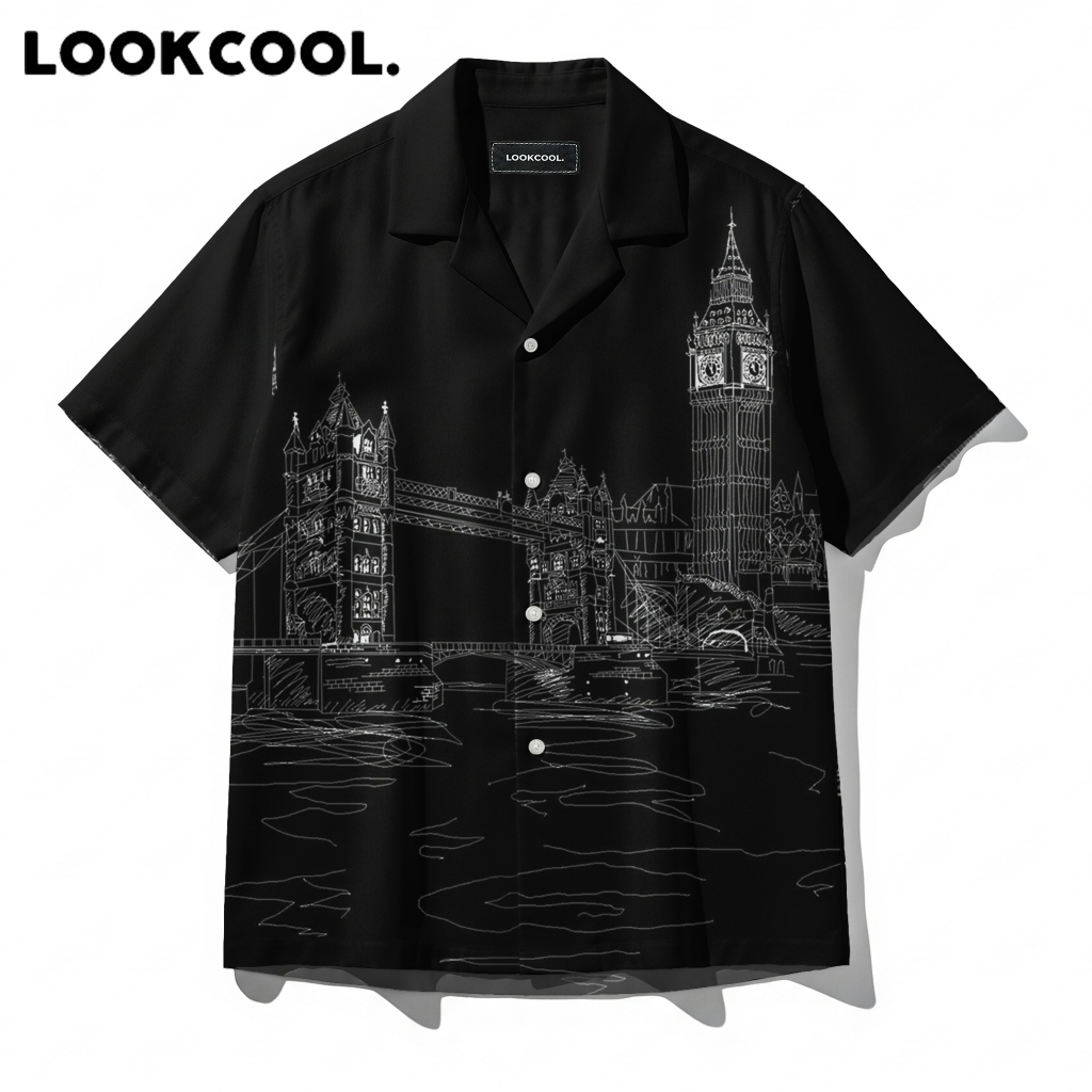 KEMEJA LOOKCOOL London Architectural Line Art Sketch Tower Bridge สีดําสีขาวเสื้อออกแบบเฉพาะและศิลปะ