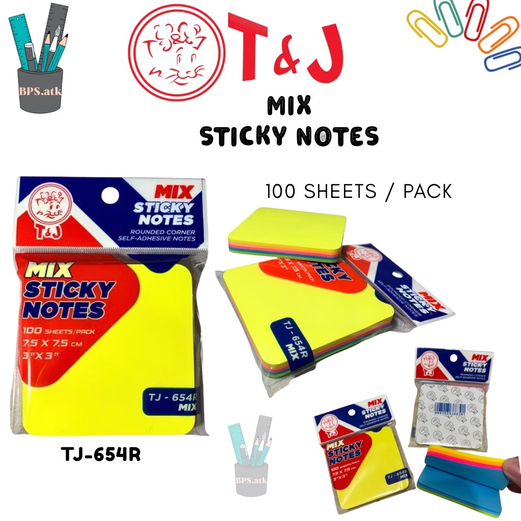 T&J Mix Sticky Notes TJ-654R Sticky Notes 7.5 x 7.5 ซม. บันทึกสีสันสดใส 100 แผ่น Sticky Notes