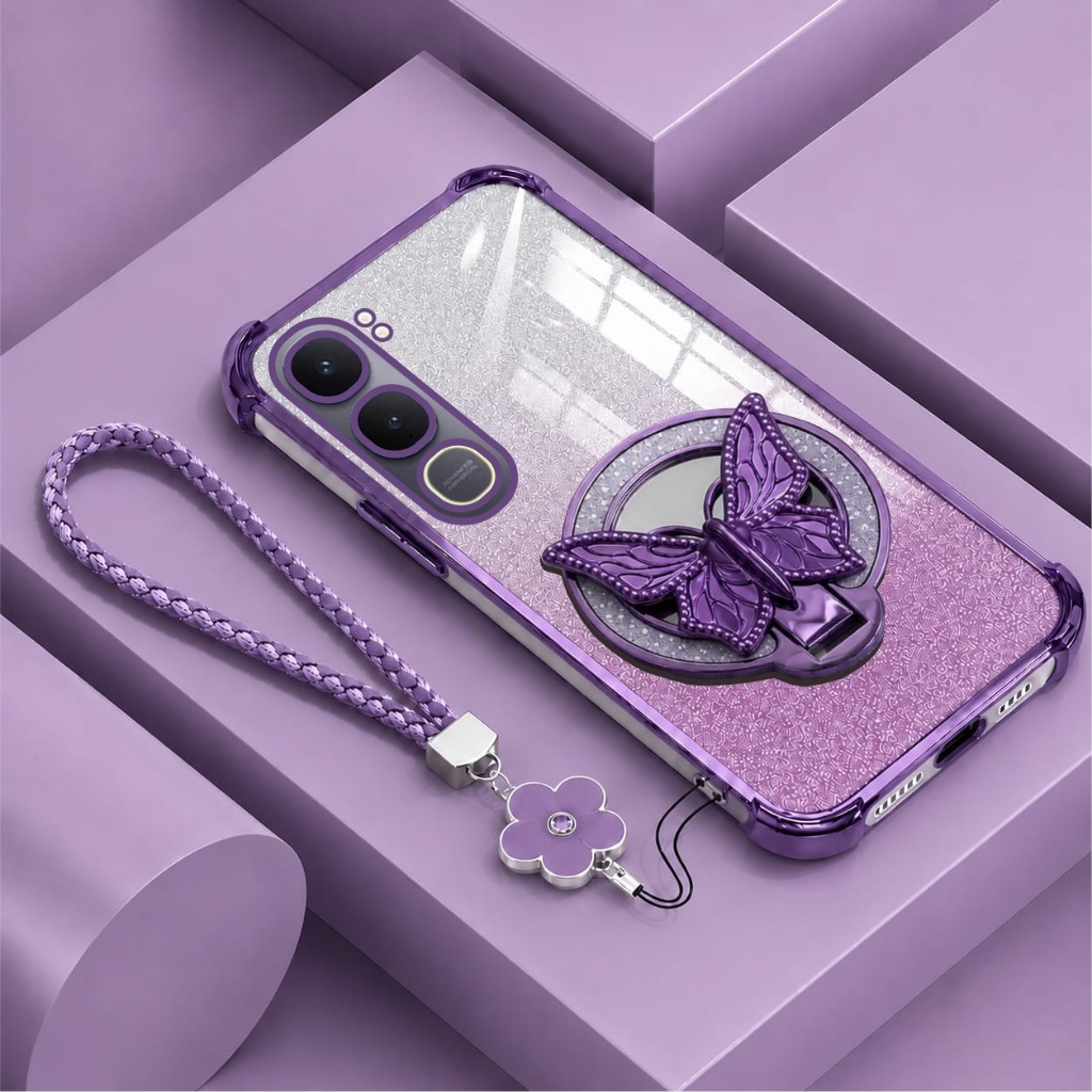 VIVO Y21D เคสแหวนคริสตัลผีเสื้อ Glitter Premium Anti-Crack ฟรีสายดอกไม้