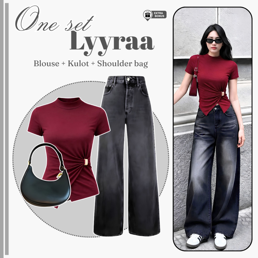 Oneset One set 3in1 ชุดสตรี Lyra เต่าคอสั้นแขนสั้นซี่โครง Rivera Culottes กางเกงหลวมกางเกงยีนส์เอวสู