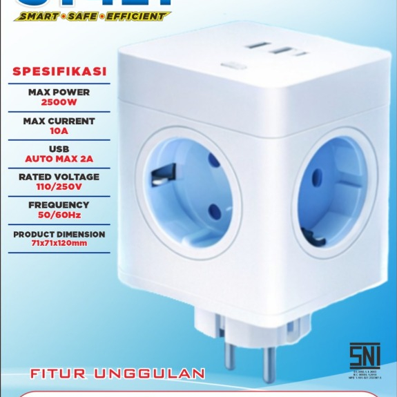 KAWACHI Smart Cube Travel Adapter SQ-155 ST421 - ซ็อกเก็ตต่อขยายสากล USB และ Type-C 2500W 10A / ซ็อก