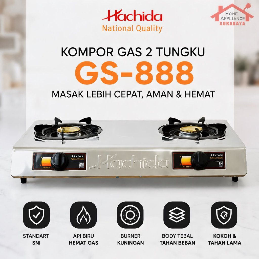 HACHIDA Kompor Gas LPG 2 Tungku Stainless Steel GS 888 EC  / GS-888 EC