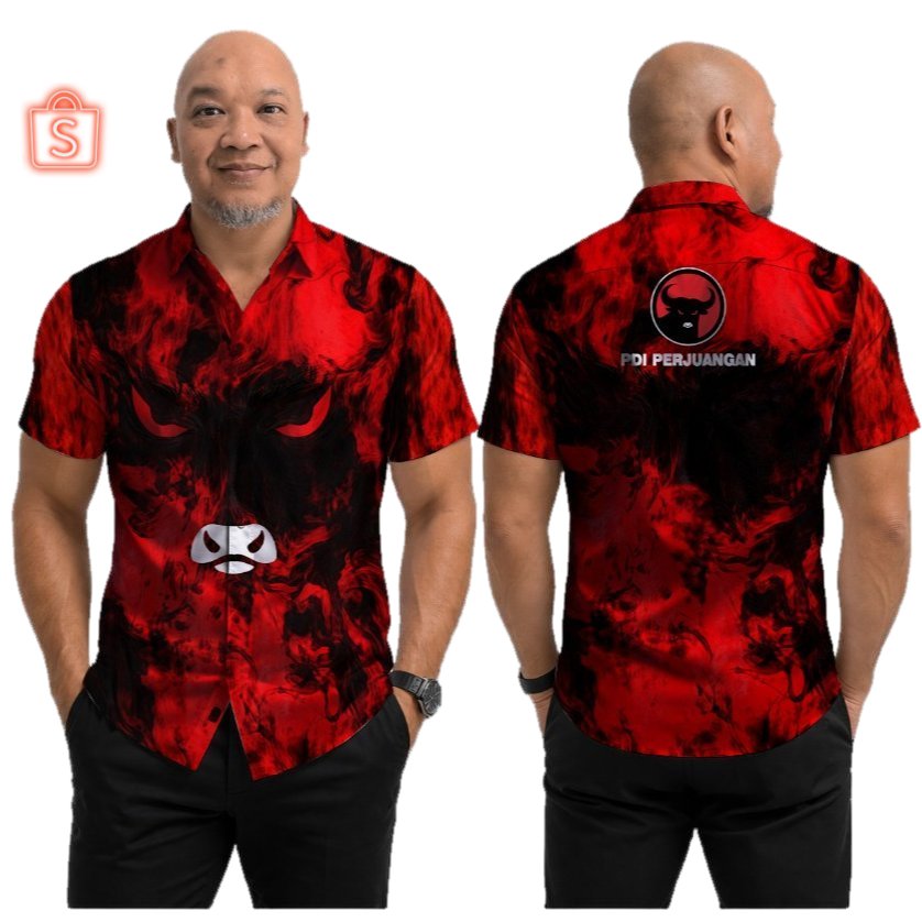 KEMEJA MERAH เสื้อเชิ้ตลายกระทิงแดงดําผู้ชาย | เสื้อคอปกแขนสั้นลําลอง | เสื้อผ้าชุมชนองค์กร PDI Perj