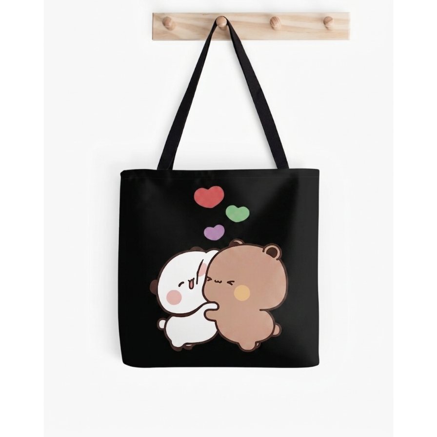 DuDu Brownie Bear และ BuBu Panda Buns Love Tote Bag สีดํา